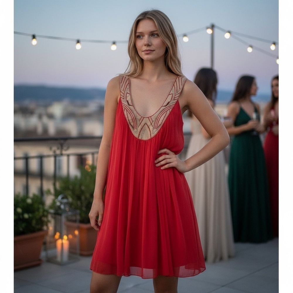 Laundry by Design Silk Beaded A line swing Dress red